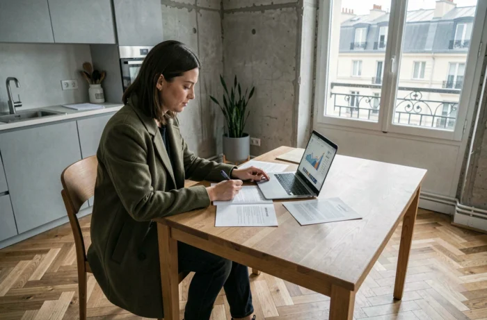Investisseuse analysant les données du marché locatif lyonnais dans un appartement moderne rénové