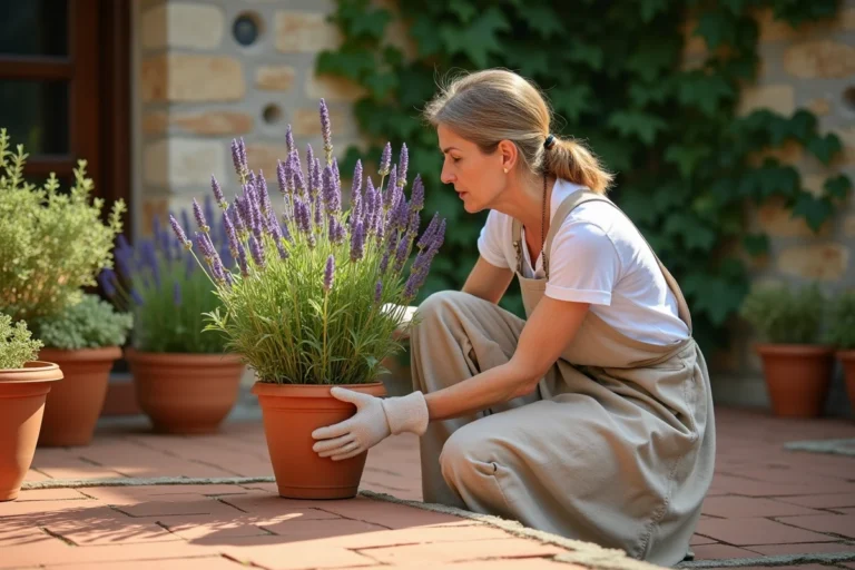 Femme jardiniÃ¨re examinant une lavande malade aux tiges jaunies dans un pot en terre cuite sur une terrasse