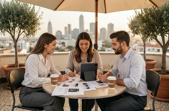 Jeune équipe marketing collaborant autour de stratégies de campagne sur une terrasse urbaine moderne