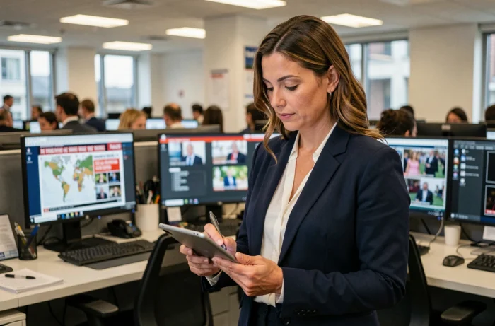 Journaliste dans une salle de rédaction moderne suivant les actualités françaises en temps réel sur une tablette