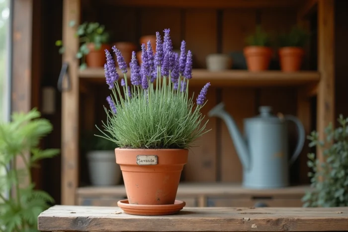Plant de lavande en bonne santé avec nouvelles fleurs violettes sur un établi en bois dans une remise de jardin