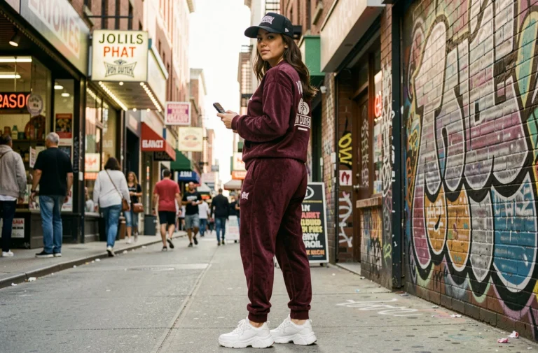 Femme portant une tenue Baby Phat et casquette Von Dutch dans une rue urbaine style années 2000