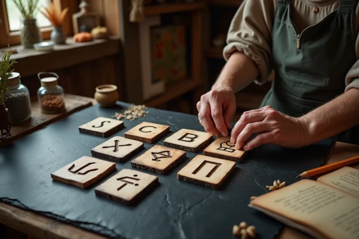Mains d'une femme âgée arrangeant des tuiles runiques en bois sculpté sur une surface en ardoise dans un atelier artisanal