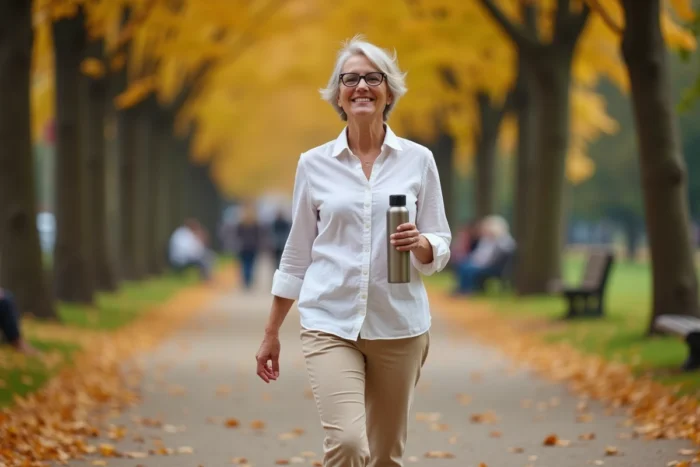 Femme d'une cinquantaine d'années marchant sur un chemin en automne dans un parc urbain avec une bouteille d'eau réutilisable