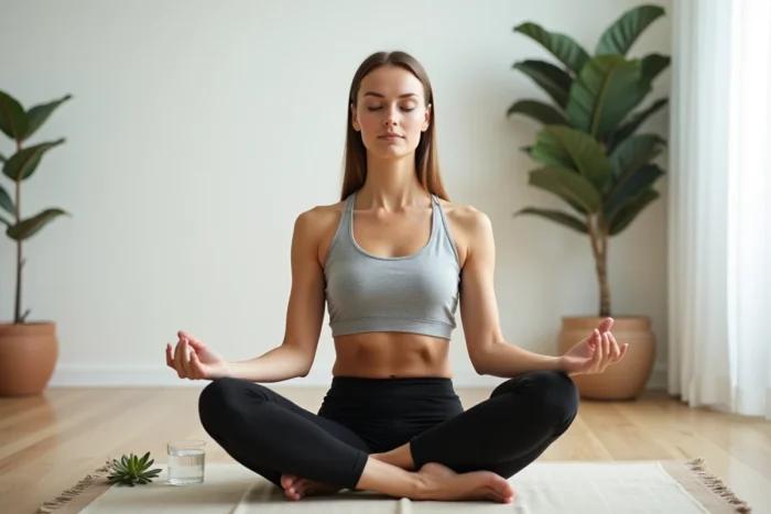 Femme en tenue de sport pratiquant la méditation assise sur un tapis en lin dans un salon minimaliste lumineux