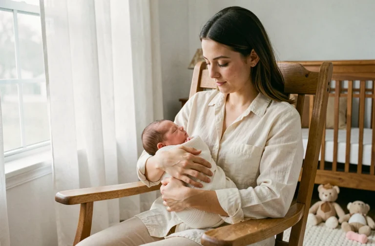Jeune mère tenant tendrement son nouveau-né enveloppé dans une mousseline douce, assise dans un rocking-chair en bois dans une chambre de bébé lumineuse et apaisante