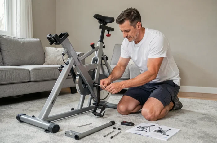 Homme assemblant un vélo d'appartement Sportstech SX200 dans un salon moderne