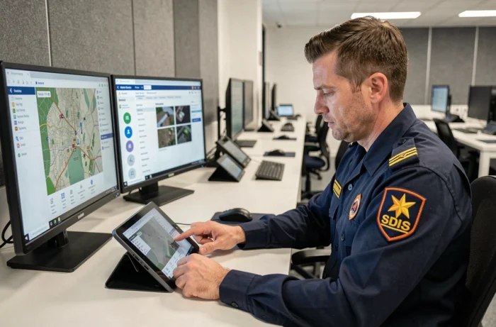 Officier de sapeur-pompier utilisant le logiciel IRIS sur une station de commandement opérationnel dans un SDIS