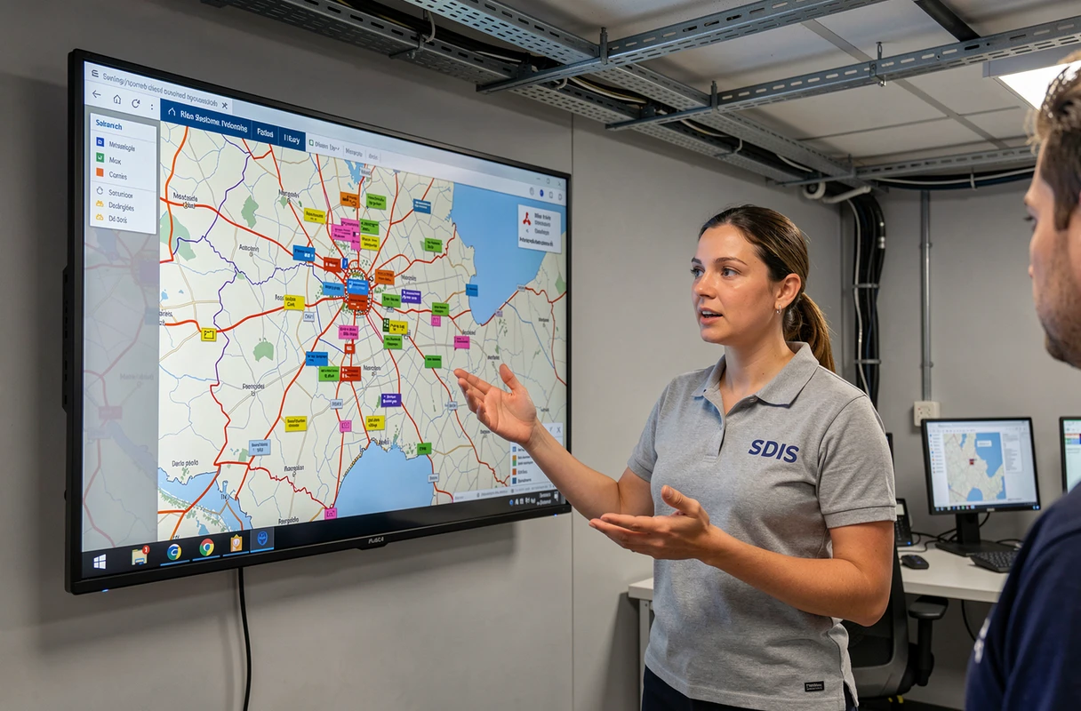 Opératrice SDIS devant un écran cartographique de gestion des interventions pompiers en salle de commandement