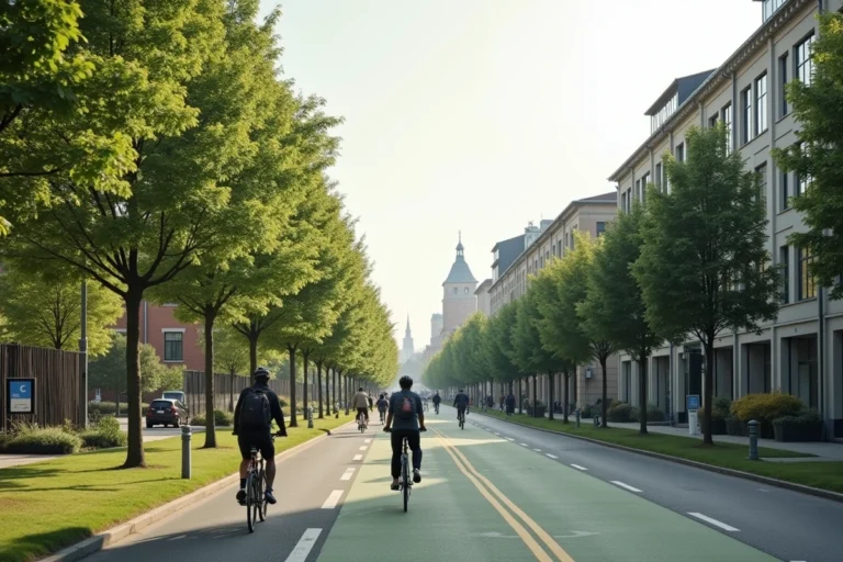 Paysage urbain durable à Copenhague avec cyclistes et panneaux solaires sur des bâtiments écologiques