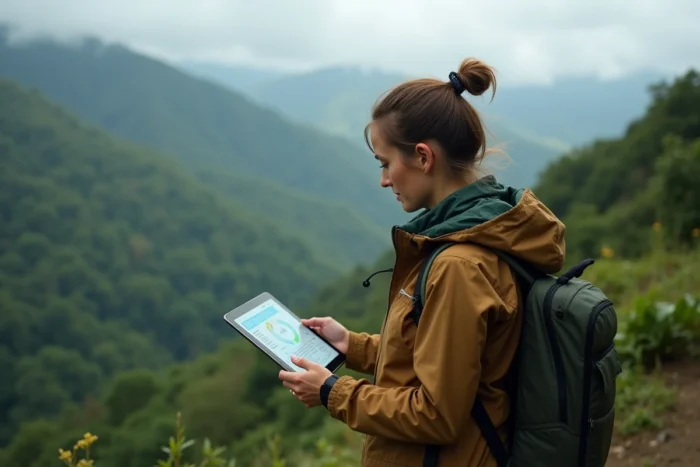 Scientifique climatique féminine analysant des données de résilience environnementale dans une forêt tropicale au Costa Rica