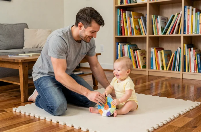 Père jouant avec son bébé de six mois sur un tapis de jeu coloré dans un salon familial chaleureux et naturel