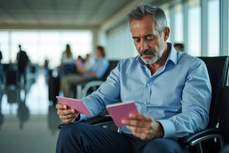Homme tenant un permis de conduire rose français et un passeport dans un aéroport international avant un voyage à l'étranger