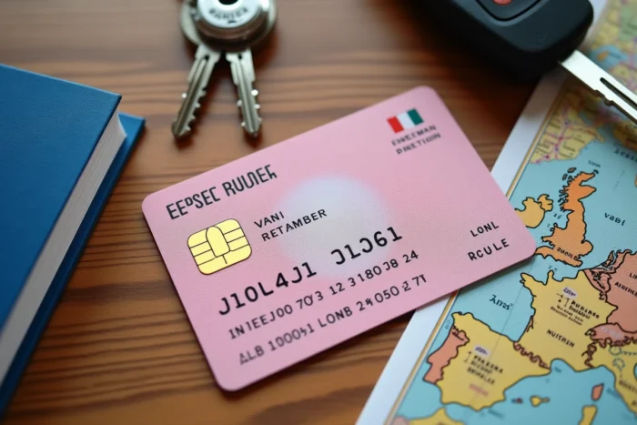 Permis de conduire rose français posé sur une table à côté d'une carte routière et d'un guide de voyage européen