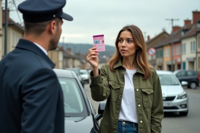 Femme présentant son permis de conduire rose français à un agent de location de voiture en Europe