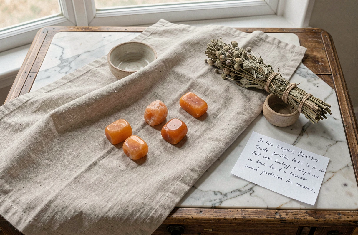 Flat lay de pierres oranges brutes et polies avec sauge séchée et notes manuscrites sur un bureau en bois ancien