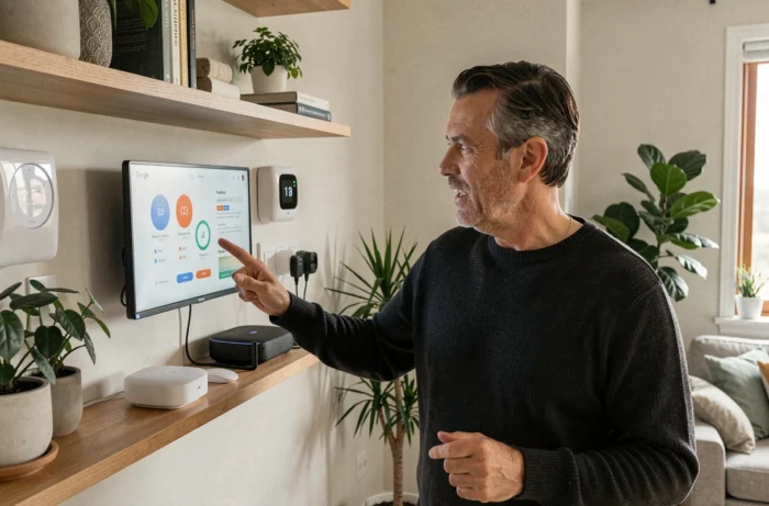Homme pilotant les objets connectés de son foyer depuis le Player Pop Freebox via Google Home, avec thermostat et prises connectées visibles en arrière-plan