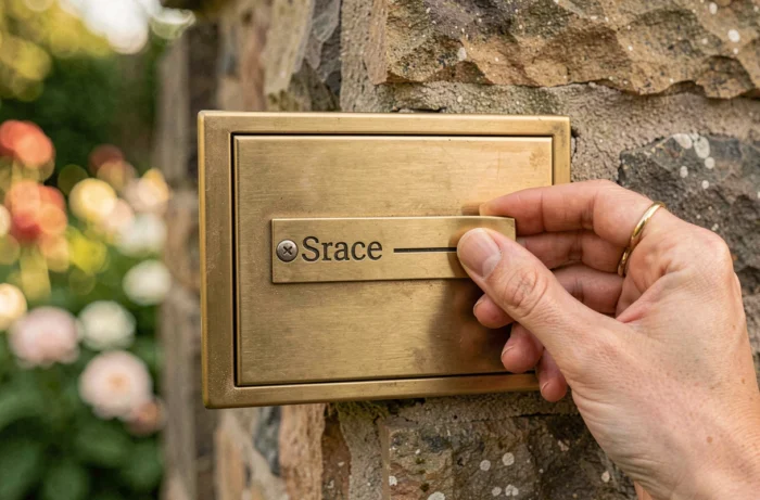 Gros plan sur une plaque gravée avec deux noms sur une boîte aux lettres en laiton brossé