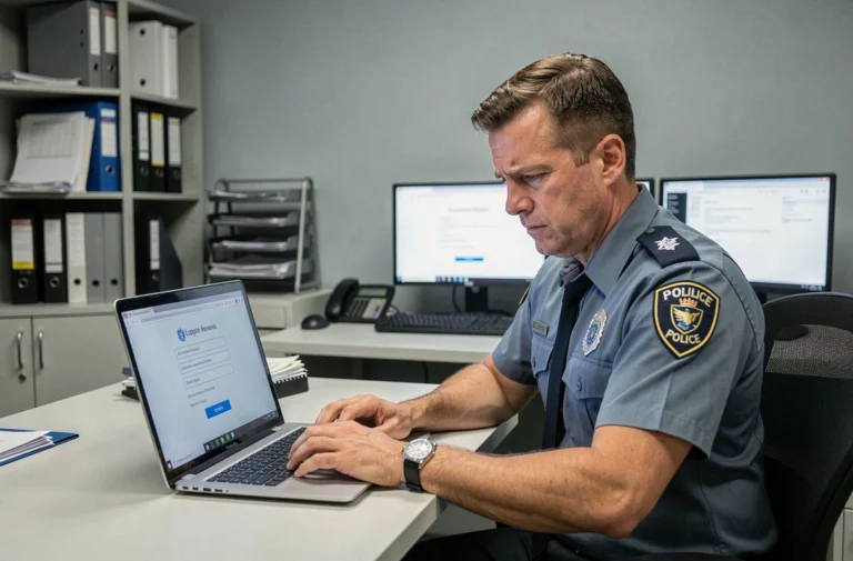 Policier en uniforme tentant de résoudre un problème de connexion sur un portail e-campus depuis son bureau administratif
