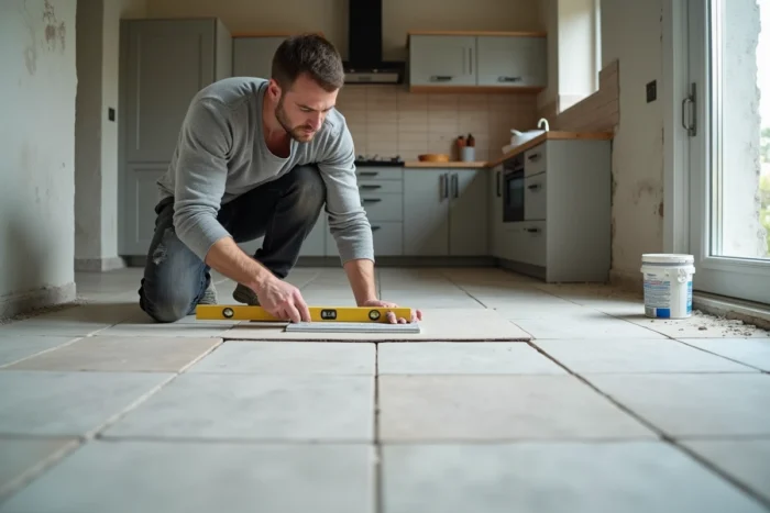 Artisan posant des carreaux en grès cérame dans une cuisine en cours de rénovation