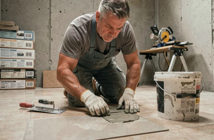 Homme posant des carreaux de céramique sur le sol d'une salle de bain en rénovation avec une truelle et du mortier