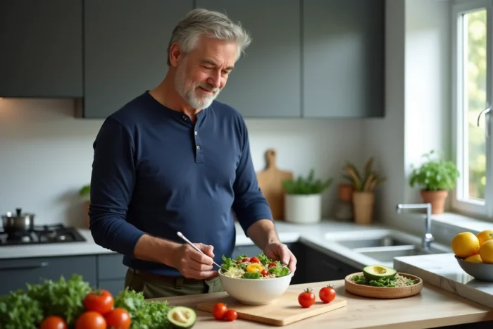 Homme préparant un bol de salade saine avec avocat, tomates cerises et quinoa dans une cuisine moderne