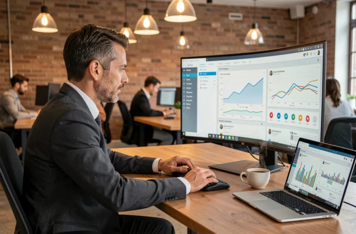 Professionnel du marketing analysant des données analytiques et des tendances sur des écrans dans un espace de coworking