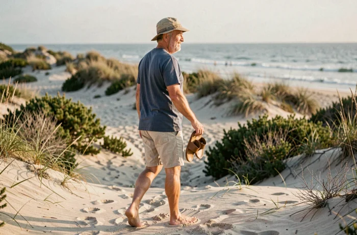 Homme marchant pieds nus sur une plage sauvage isolée de l'île de Ré