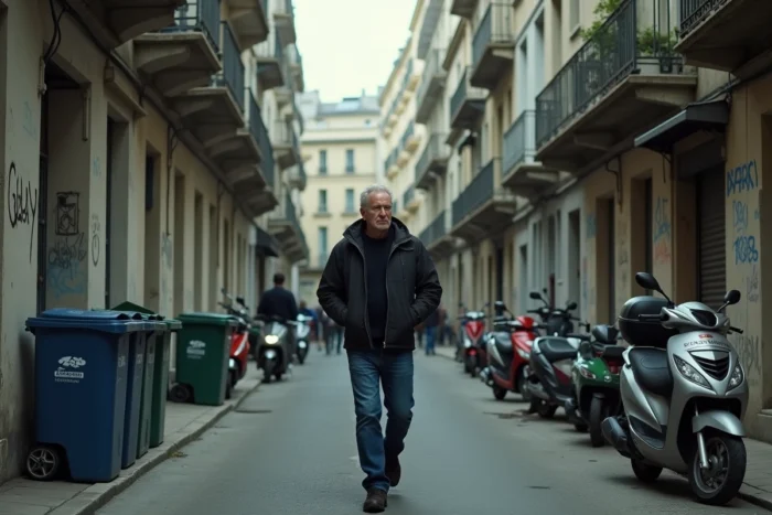 Rue d'un quartier défavorisé de Montpellier avec immeubles dégradés et passant prudent