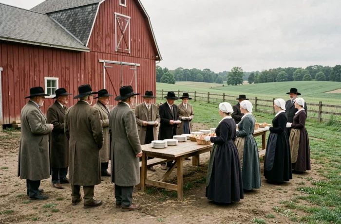 Rassemblement communautaire amish en plein air près d'une grange rouge en Pennsylvanie, hommes et femmes en tenue traditionnelle illustrant les pratiques sociales de la communauté