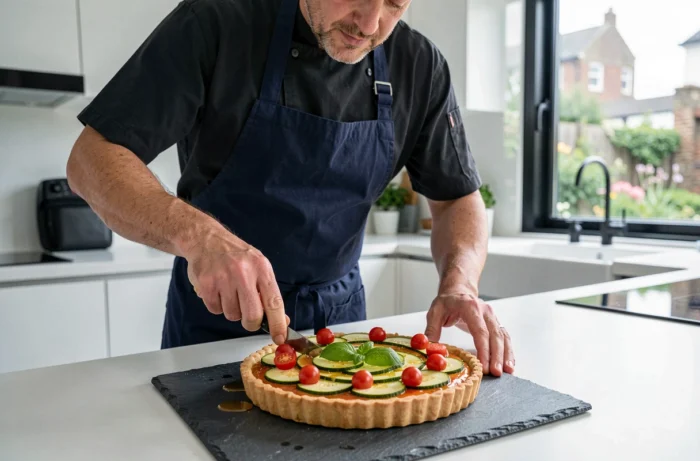 Homme en tablier de chef garnissant une tarte colorée aux légumes frais sur un plan de travail en ardoise dans une cuisine moderne
