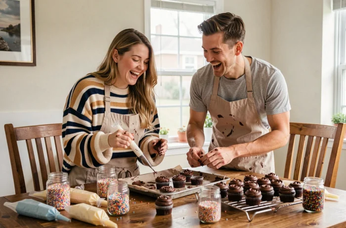 Deux jeunes adultes riant ensemble en décorant des cupcakes au chocolat faits maison sur une table en bois avec des accessoires de pâtisserie colorés