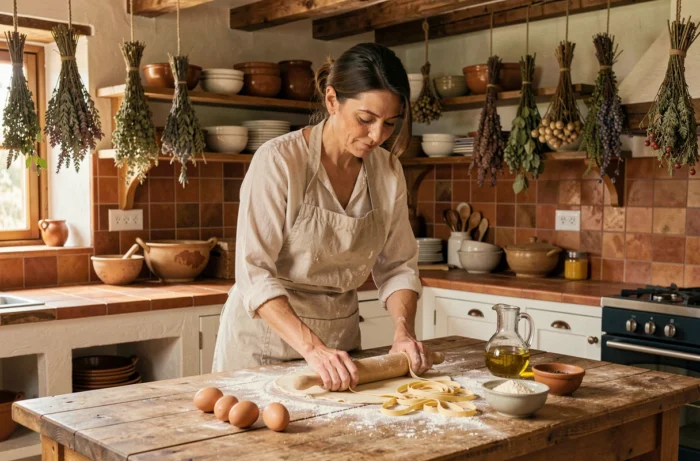Femme préparant des pâtes fraîches maison dans une cuisine rustique avec des ingrédients naturels disposés sur un plan de travail en bois