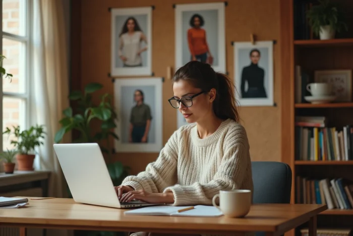 Femme recherchant des tenues de personnages de Demain nous appartient sur internet depuis son bureau à domicile