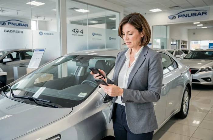 Femme recherchant un véhicule via le sitemap d'un site automobile dans une concession