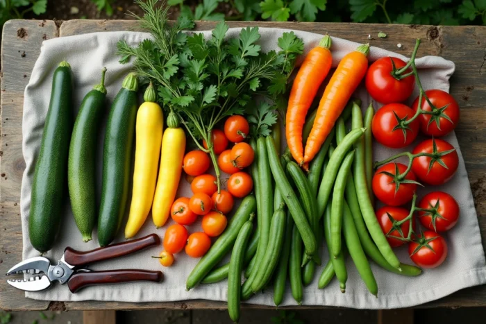 Vue de dessus de légumes fraîchement récoltés du potager disposés sur un tissu en lin sur une table en pierre