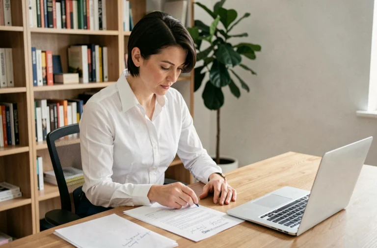 Femme de 40 ans assise à son bureau à domicile, examinant des documents de bilan de carrière dans un cadre moderne et organisé