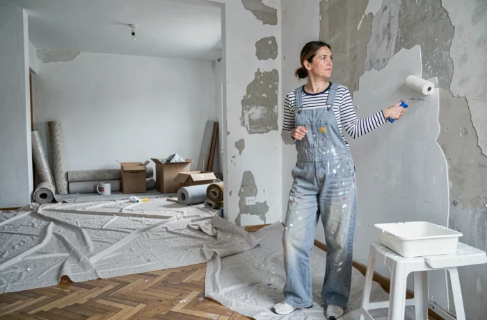 Femme en salopette appliquant de la peinture blanche sur un mur dans un salon en cours de rénovation