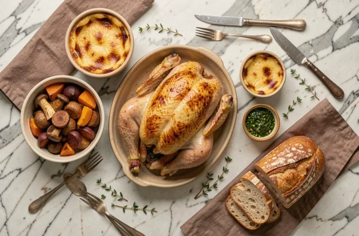 Vue aérienne d'un repas familial gourmand composé d'un poulet rôti doré, de légumes grillés et de pain au levain sur un fond en marbre