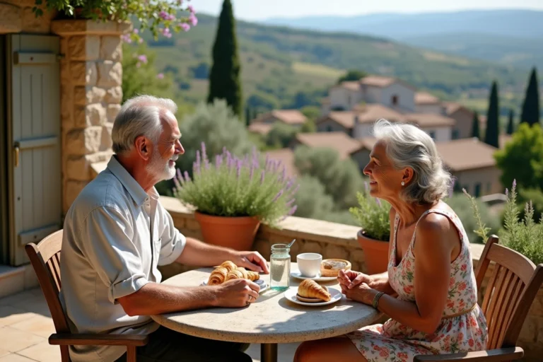 Couple de retraités profitant d'un café matinal sur une terrasse en pierre en Provence, avec vue sur un village provençal et des vignobles
