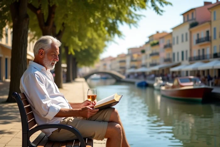 Homme retraité lisant un livre sur un banc au bord d'un canal dans une ville du sud de la France avec des maisons colorées en arrière-plan