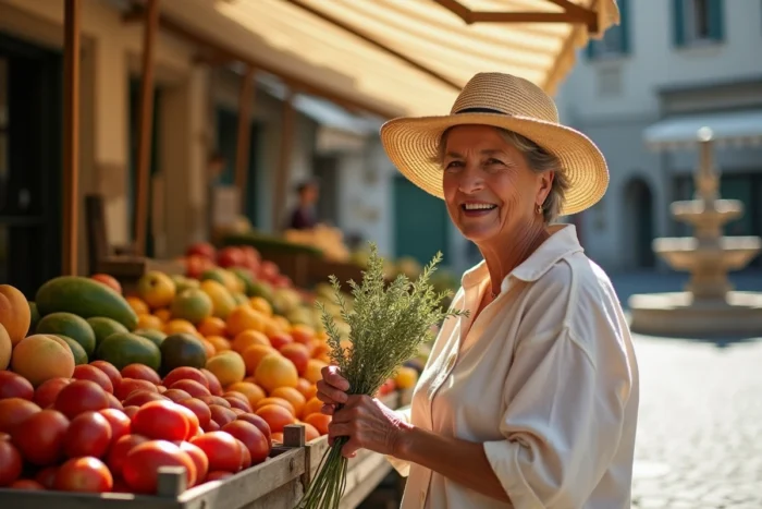 Femme retraitée au chapeau de paille faisant ses courses au marché provençal en plein air entouré de fruits et légumes colorés