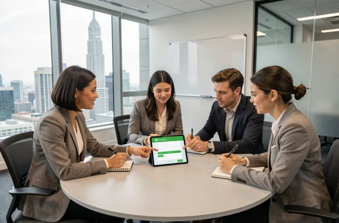 Équipe professionnelle en réunion discutant des moyens de contacter Redracing Green autour d'une table de conférence