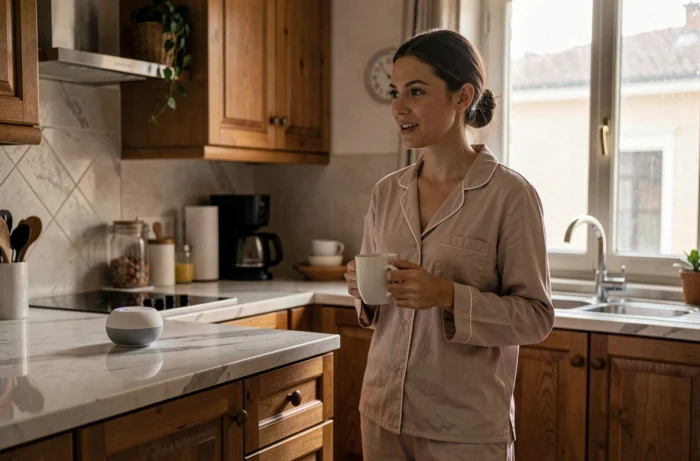 Femme en pyjama parlant à un Google Home dans sa cuisine le matin pour activer une routine vocale automatisée