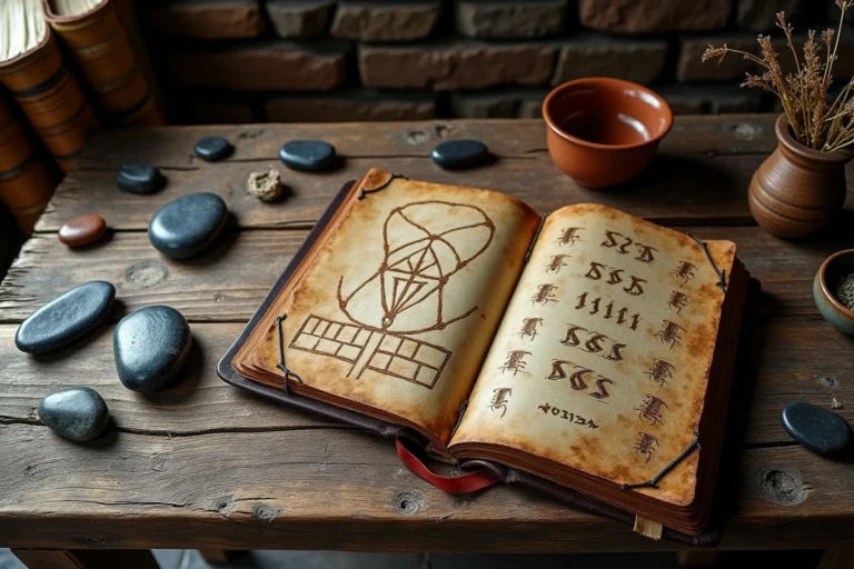Pierres runiques anciennes disposées sur une table en bois avec un manuscrit ouvert aux symboles runiques dans un cadre médiéval