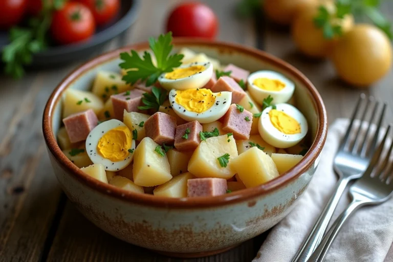 Bol de salade piémontaise traditionnelle avec pommes de terre, œufs, thon et mayonnaise sur table en bois rustique