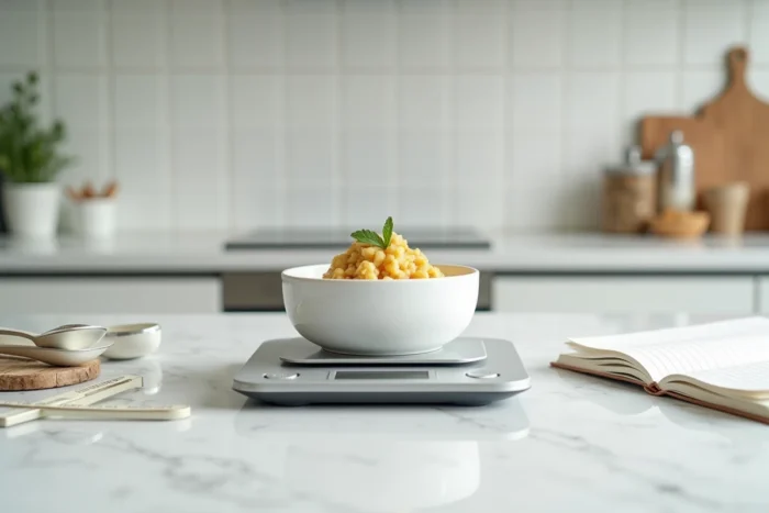 Portion de salade piémontaise sur une balance de cuisine avec notes caloriques pour analyse nutritionnelle