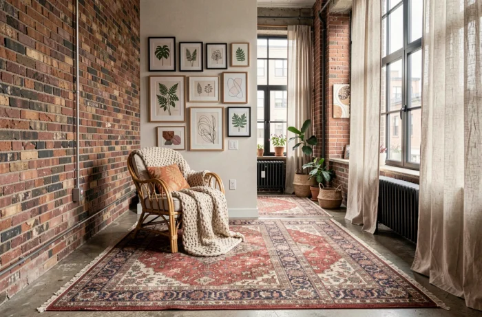 Salon bohème et éclectique avec tapis persans, mur en briques apparentes et galerie de cadres vintage dans un appartement urbain