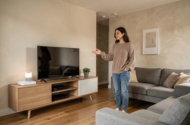 Femme dans un salon moderne avec une Freebox Pop et un Google Home sur le meuble TV, illustrant le thème des astuces pour utiliser les deux appareils ensemble