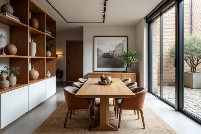 Salon moderne sur mesure dans une maison de ville rénovée à Strasbourg, avec bibliothèque intégrée en laque blanche, table en chêne et fenêtres en acier donnant sur une cour pavée